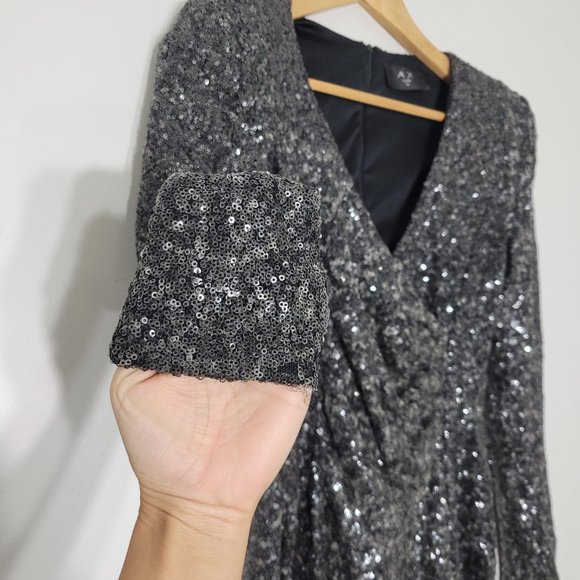AX Paris Long Sleeve Sequin Evening Dress Surplice Neckline Silver Black Event - Picture 4 of 15
